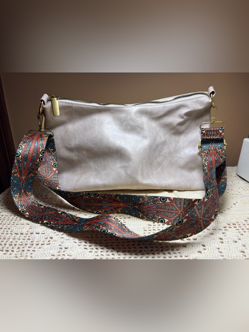 Cream Crossbody Bag with Patterned Fabric Strap